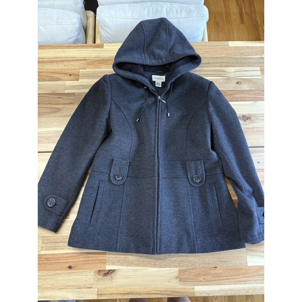 St Johns Bay Wool Cashmere Charcoal Gray Hooded Full Zip Jacket M Pockets